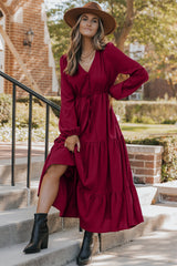 Chestnut Solid Long Sleeve Button V Neck Tiered Maxi Dress