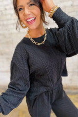 Black Textured Chest Pocket Drop Sleeve Top and Pants Set