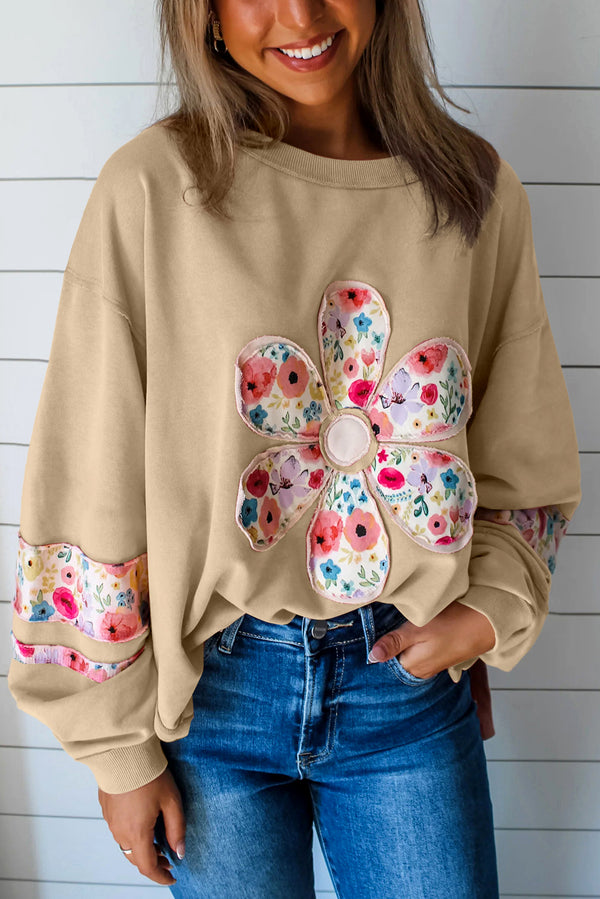 Pale Khaki Flower Applique Patchwork Drop Sleeve Pullover Sweatshirt