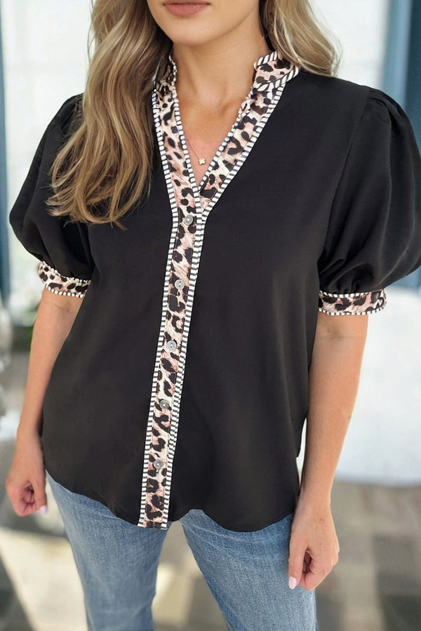 Black V Neck Short Puff Sleeve Contrast Striped Leopard Trim Button Down Shirt
