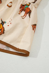 Apricot Rodeo Print Tied Front Puff Sleeve Peplum Top