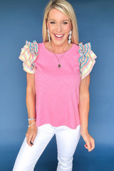 Bonbon Striped Ruffle Flutter Sleeve Ribbed Blouse