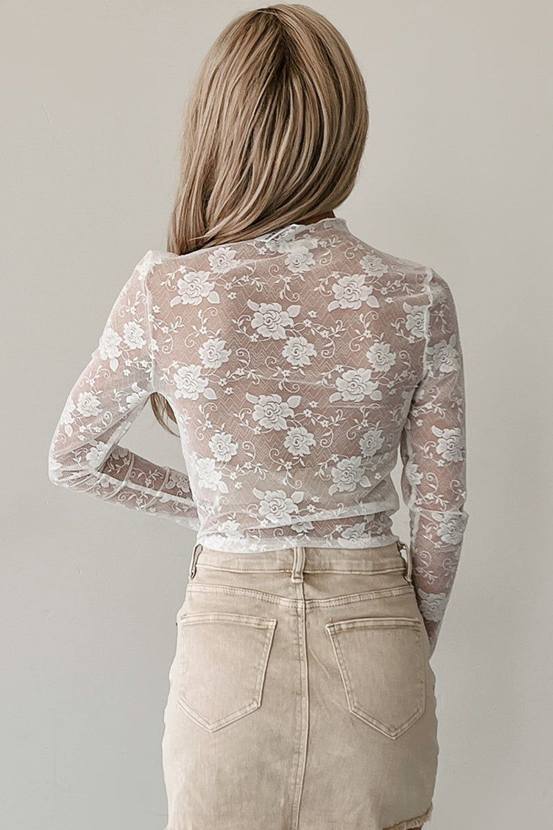 Apricot Pink Mock Neck Floral Lace Mesh Long Sleeve Top