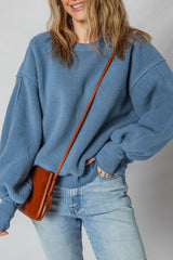 Sail Blue Fleece Drop Shoulder Exposed Seam Patchwork Sweatshirt