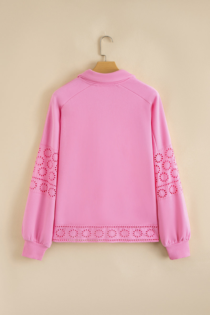 Yellow Cream Embroidered Flower Patchwork Snap Buttons Pullover Sweatshirt