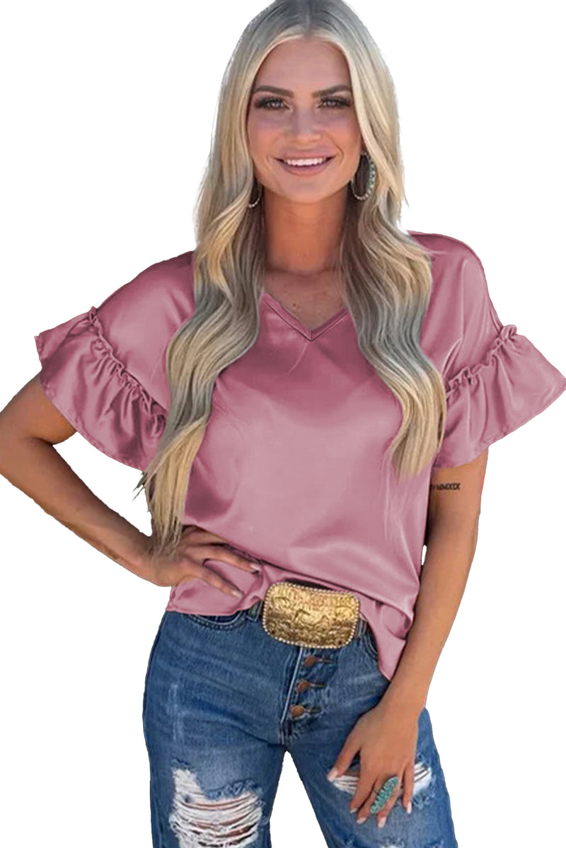 Toadstool Satin Ruffle Sleeve V Neck Blouse