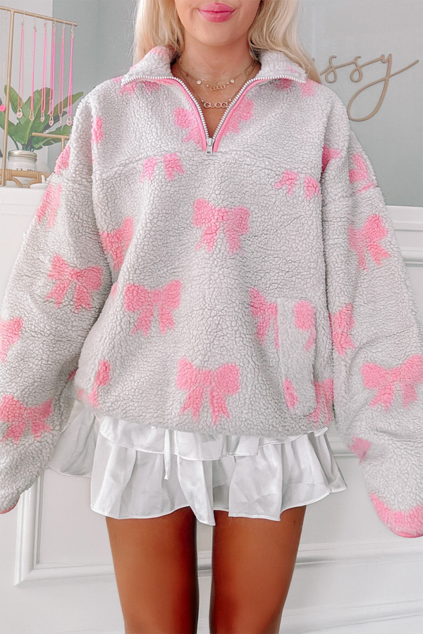 Gray Quarter Zip Bow Pattern Sherpa Baggy Sweatshirt