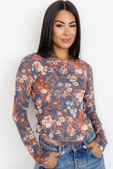 Green Floral Print Mesh Long Sleeve Top