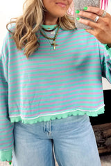 Green Stripe Exposed Seam Contrast Ribbed Trim Oversize Sweatshirt