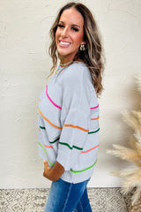 Beau Blue Colorblock Striped Half Sleeve Drop Shoulder Sweater