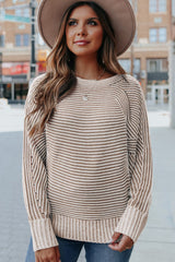 Light French Beige Striped Print Ribbed Knit Raglan Sleeve Baggy Sweater