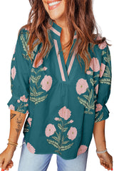 Casual Wild Flower Print V Neck 3/4 Sleeve Blouse