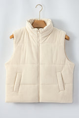 Beige Corduroy Stand Neck Zipped Puffer Vest