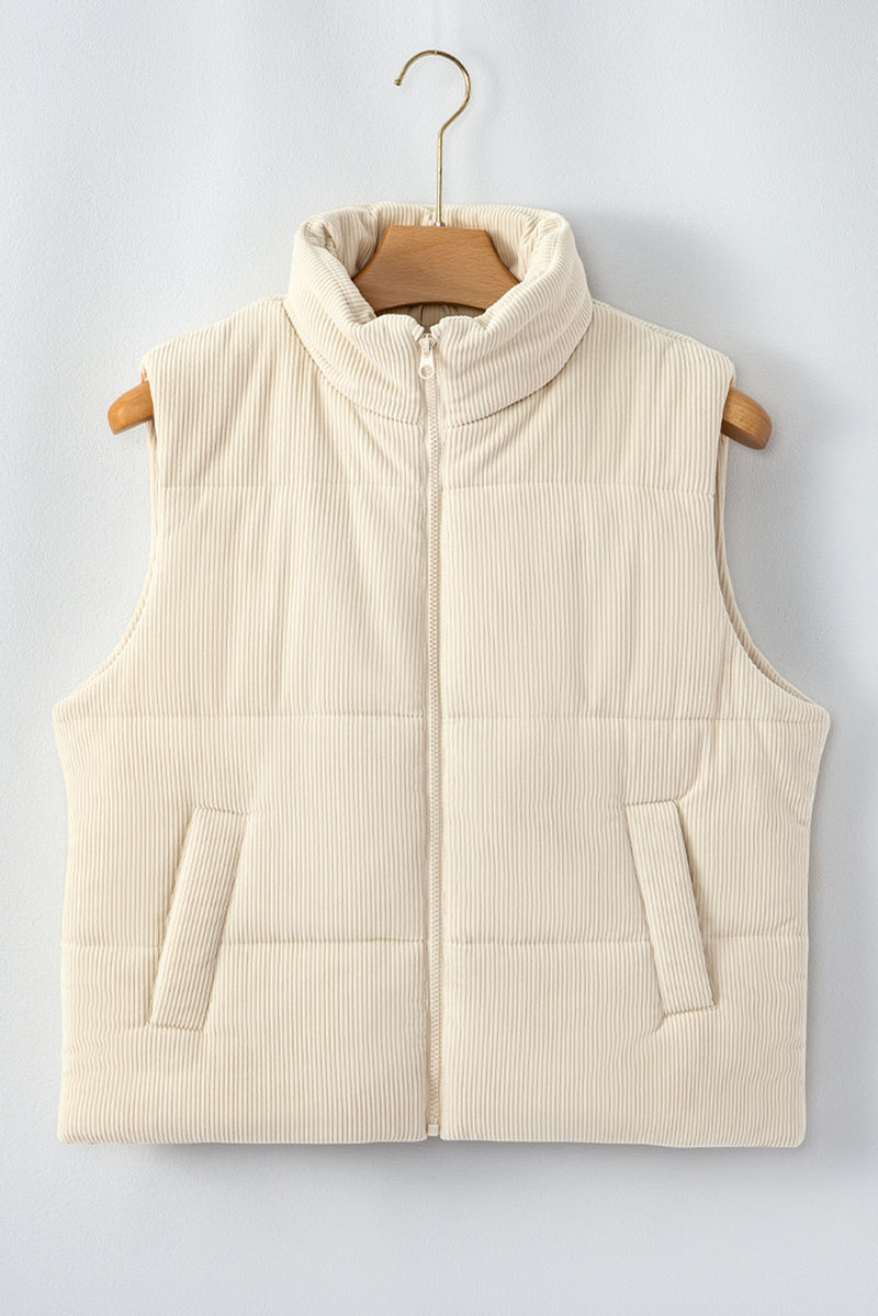 Beige Corduroy Stand Neck Zipped Puffer Vest