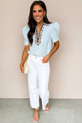 Sky Blue Stripe Ricrac Trim Short Puff Sleeve Leopard Patchwork Collar V Neck Blouse