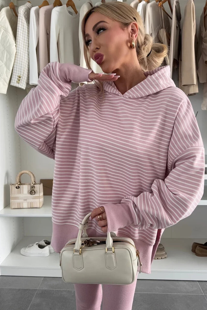 Purple Stripe Thumbhole Side Slits Drop Shoulder Loose Fit Hoodie