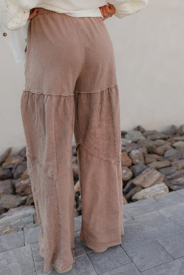 Straw Yellow Mineral Wash Tiered Wide Leg Patchwork Drawstring Pants