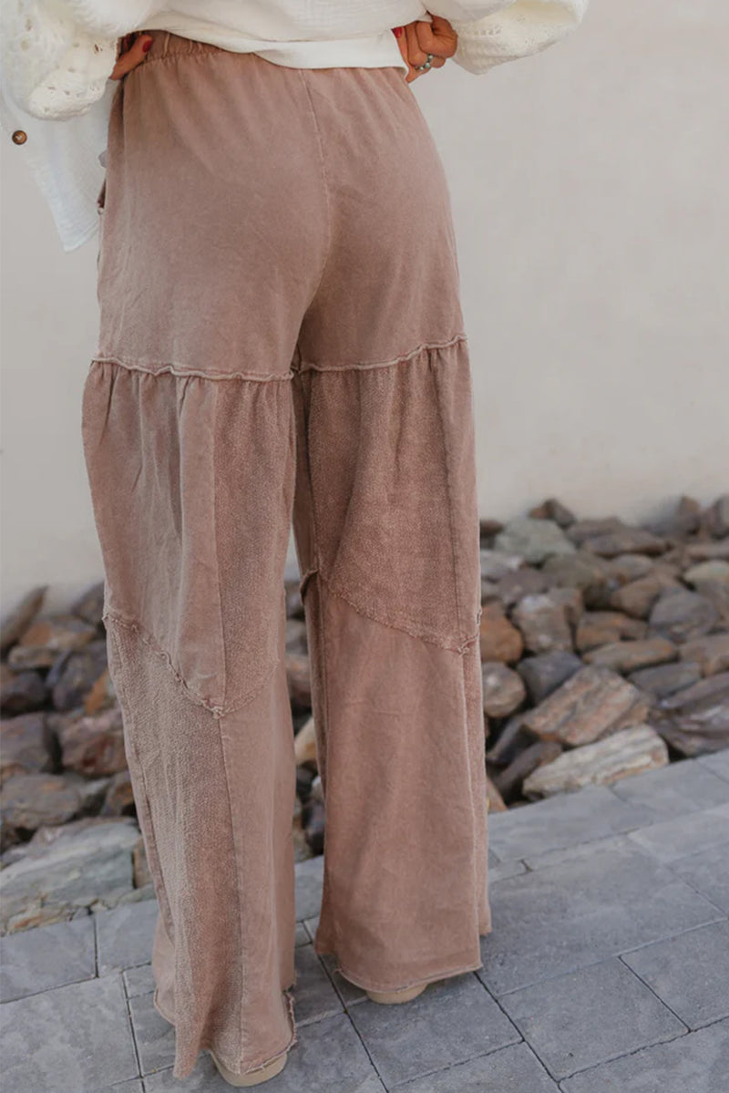 Straw Yellow Mineral Wash Tiered Wide Leg Patchwork Drawstring Pants