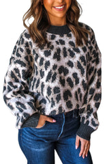 Carbon Grey Leopard Pattern Contrast Trim Round Neck Sweater
