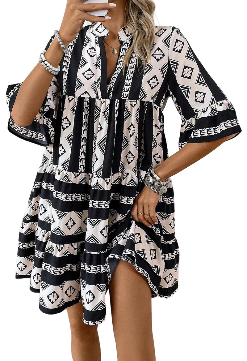 Black Abstract Print Bell Sleeve V Neck Boho Dress