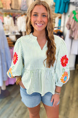 Green Stripe Flower Puff Sleeve Notch Neck Babydoll Blouse