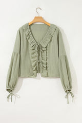 Meadow Mist Green Bow Tie Front Ruffle Trim V Neck Long Sleeve Blouse