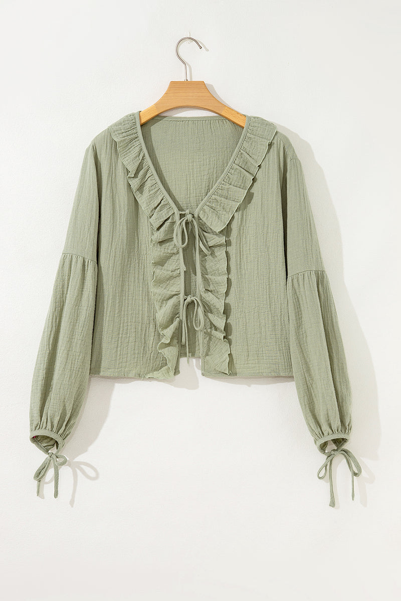 Meadow Mist Green Bow Tie Front Ruffle Trim V Neck Long Sleeve Blouse