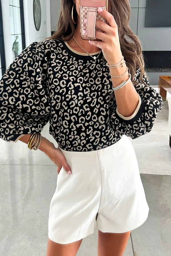 Black Leopard Contrast Trim Bracelet Sleeve Top