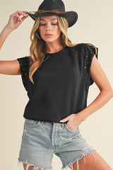 Black Casual Rivet Round Neck T Shirt
