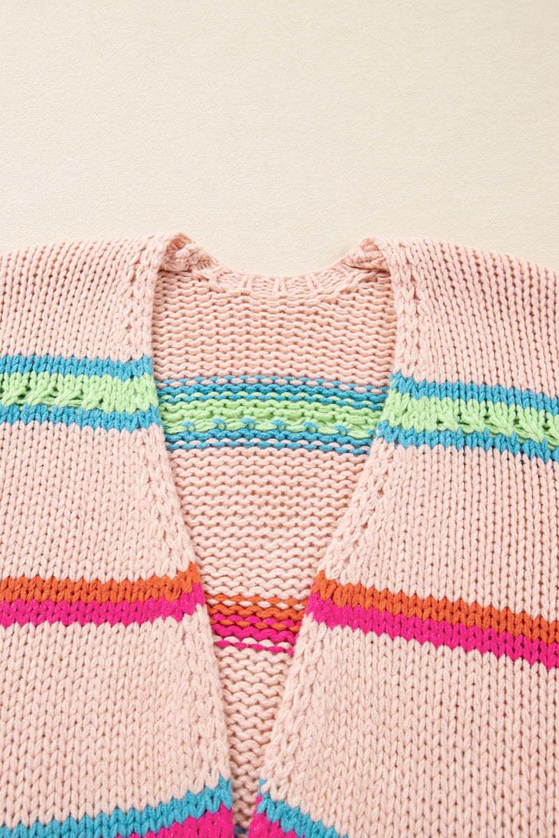 Multicolour Open Front Striped Colorblock Knit Oversize Cardigan