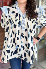 Beige Abstract Animal Print Striped Ruffle Trim V Neck Blouse