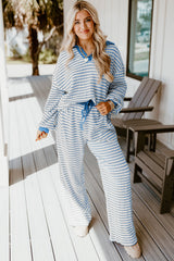 Sky Blue Stripe Textured Collared Pullover Top and Drawstring Pants Set