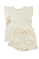 Black Textured Ruffle Sleeve Tee and Drawstring Shorts Set