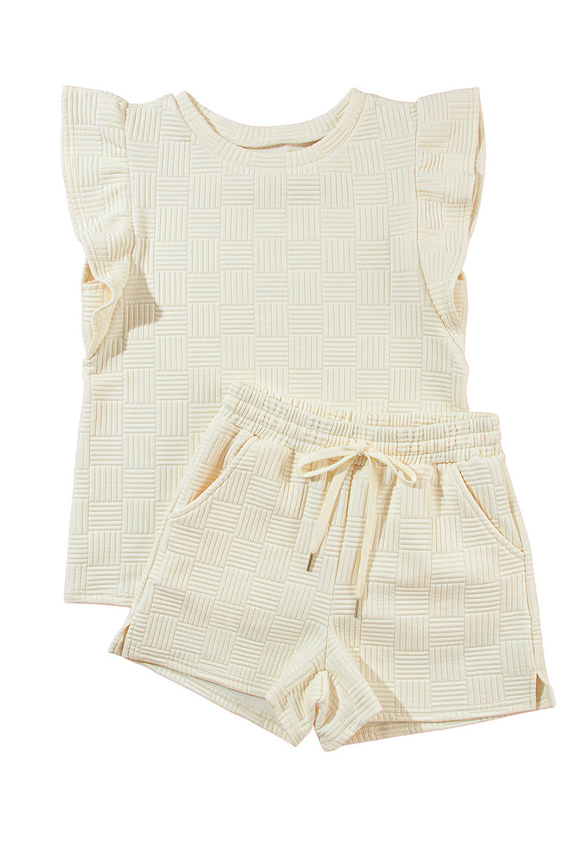 Black Textured Ruffle Sleeve Tee and Drawstring Shorts Set