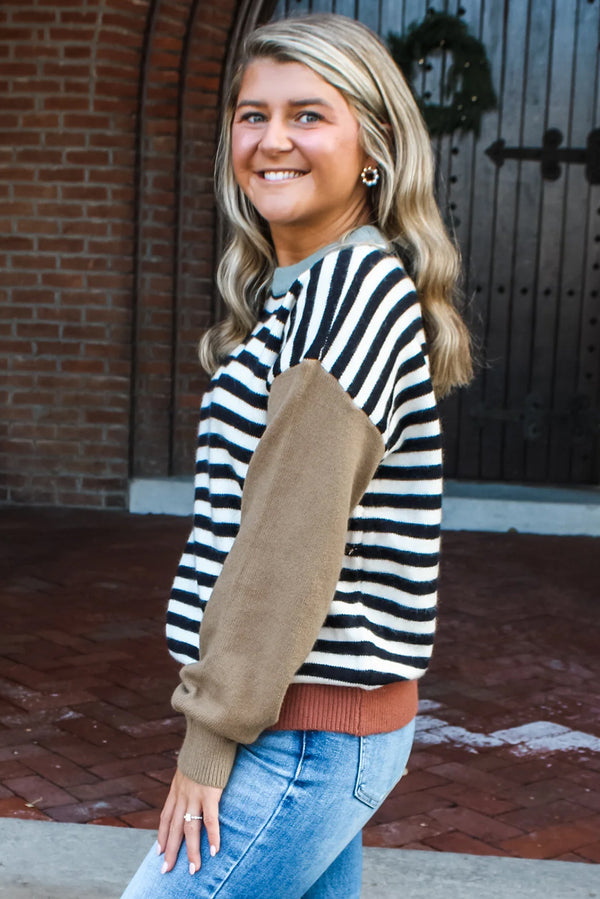 Black Striped Colorblock Patchwork Long Sleeve Sweater