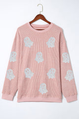 Blue Halloween Ghost Corded Crew Neck Loose Sweatshirt