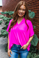 Bright Pink Plain V-Neck Dolman Sleeve Loose Top
