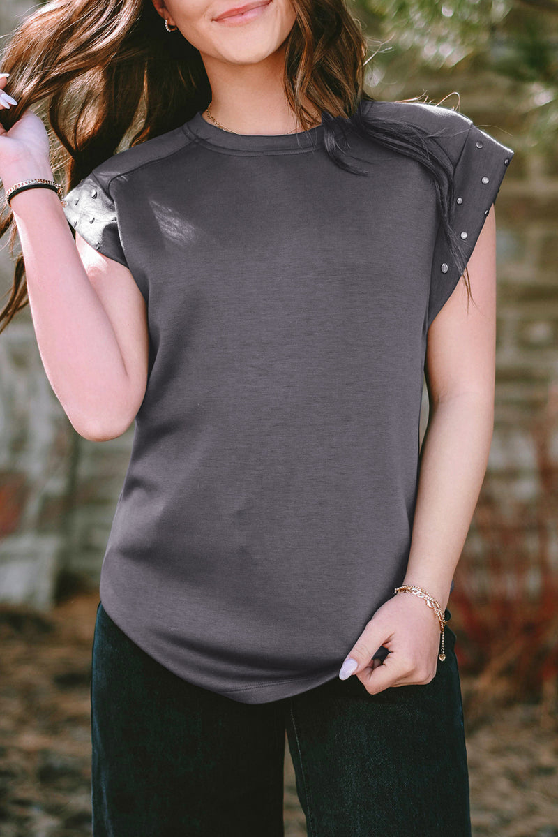 Black Casual Rivet Round Neck T Shirt