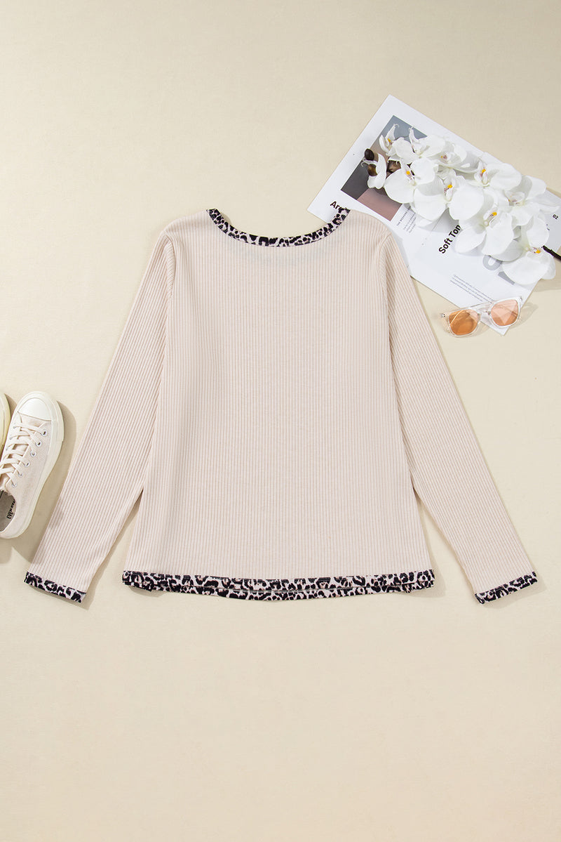 Parchment Ribbed Contrast Leopard Edge Round Neck Plus Size Top