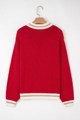 Fiery Red MERRY Pattern Colorblock Edge Drop Shoulder Cozy Sweater