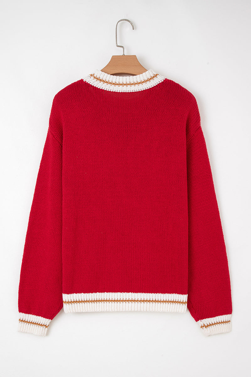 Fiery Red MERRY Pattern Colorblock Edge Drop Shoulder Cozy Sweater