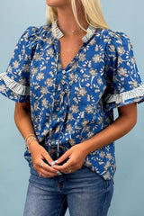 Blue Floral Print Button Tie Neck Striped Detail Short Sleeve Blouse