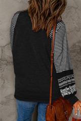 Tillandsia Purple Contrast Print Striped Raglan Long Sleeve Loose Top