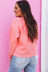 Blossom Pearl Sleeves Ribbed Pullover Sweatshirt
