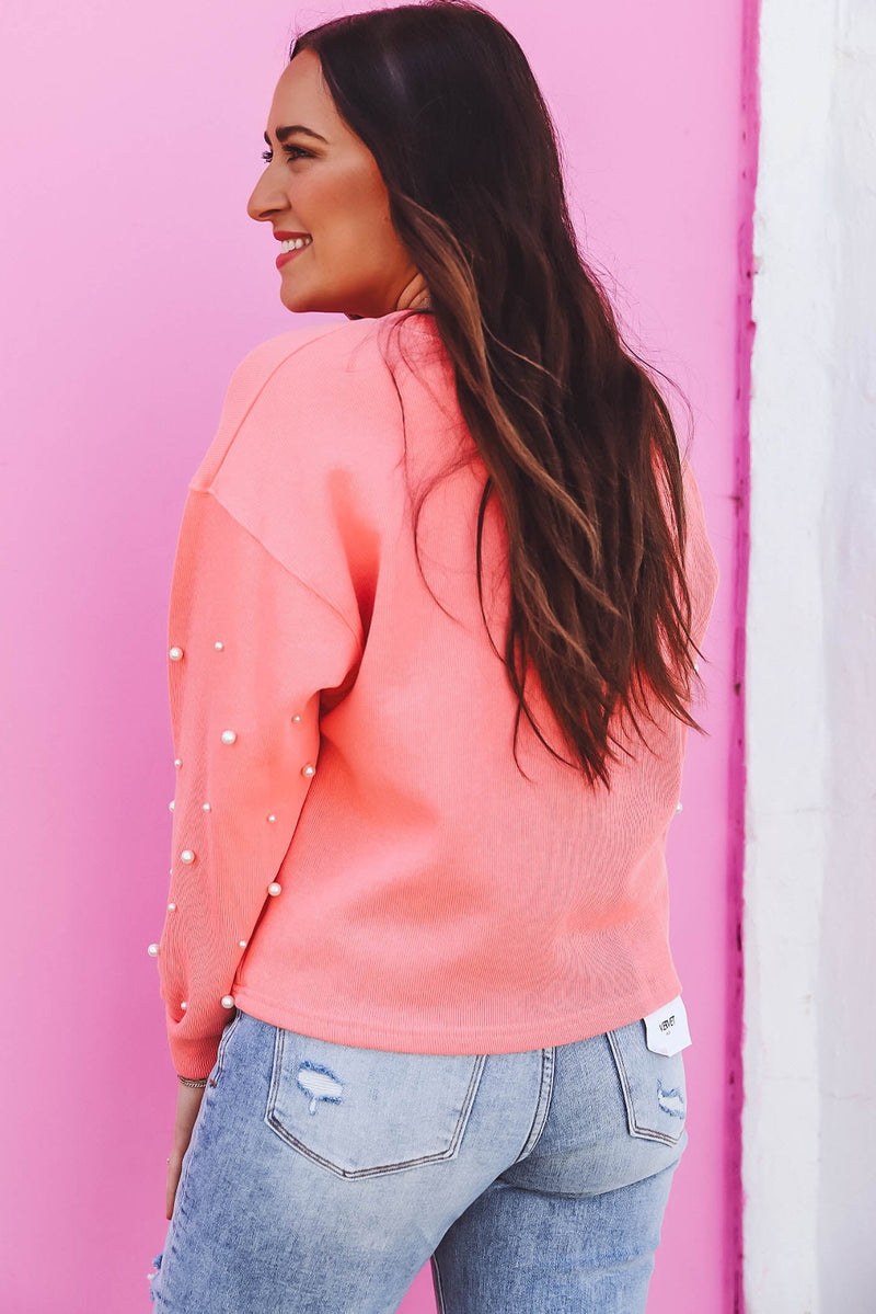 Blossom Pearl Sleeves Ribbed Pullover Sweatshirt