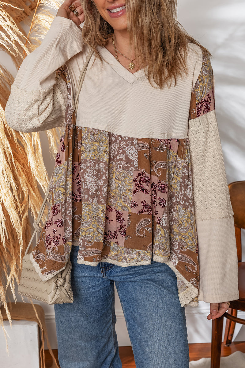 Beige Paisley Ethnic Print Waffle Patchwork Long Sleeve Loose Top