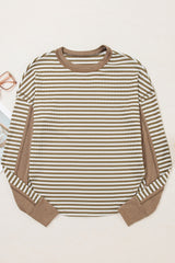 Khaki Stripe Patchwork Knit Drop Shoulder Top