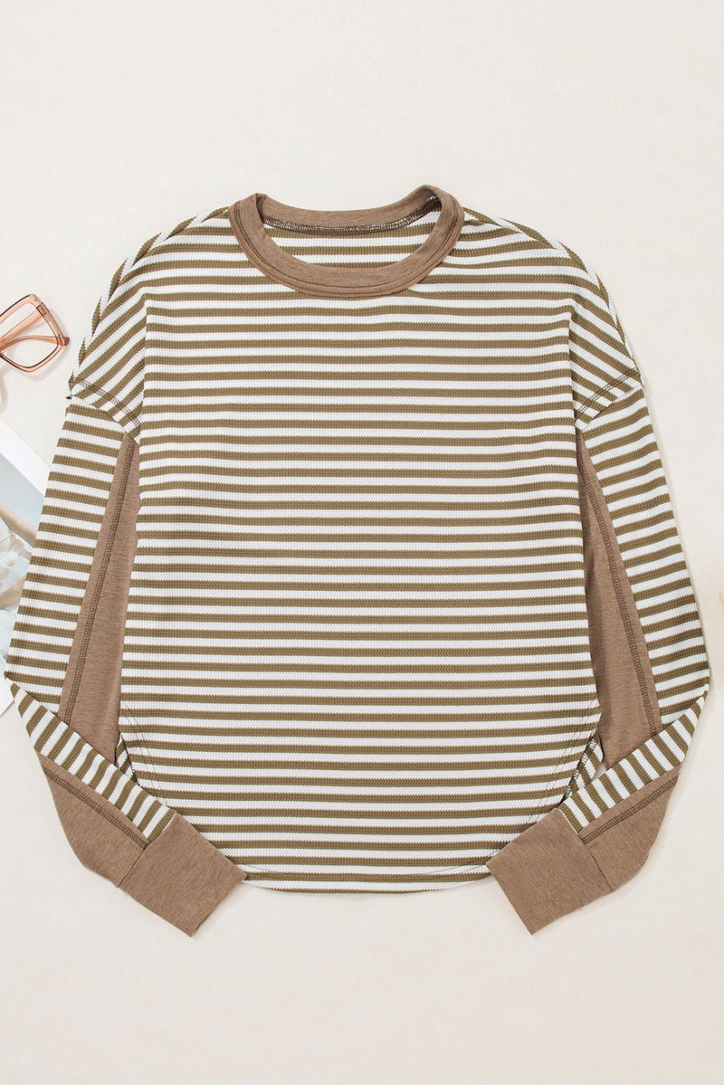 Khaki Stripe Patchwork Knit Drop Shoulder Top