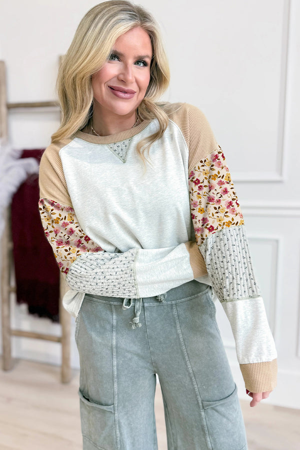 Light Grey Mixed Print Raglan Sleeve Patchwork Exposed Seam Pullover Top