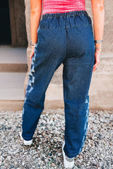 Sail Blue Checkered Side Panel Patchwork Drawstring Loose Denim Pants